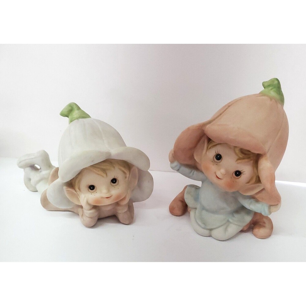 Vintage Homco Flower Pixie Elf Set of 2 Ceramic Figurines #5615